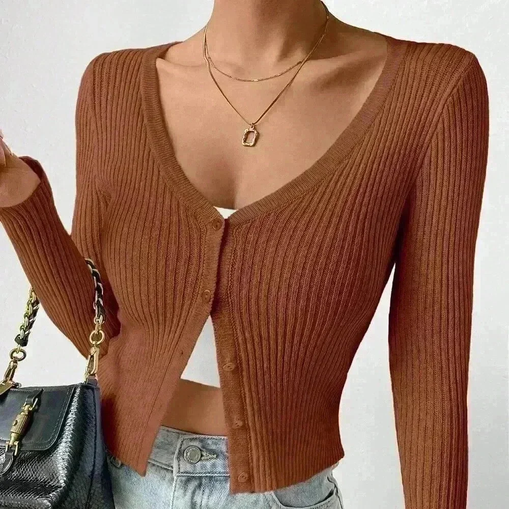 Coffee Brown Casual Women's Slim Fit V-Neck Long Sleeve Short Cardigan
